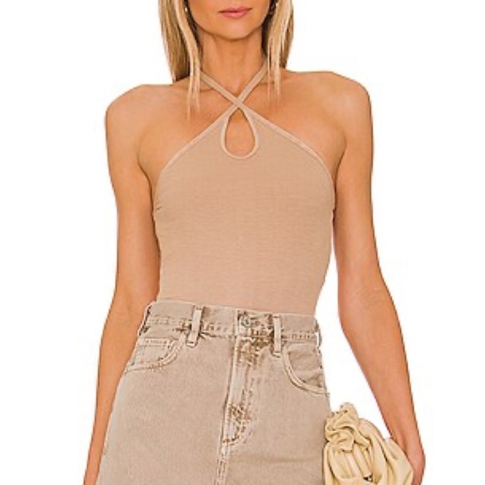 Enza Costa Stretch Knit Halter Keyhole Bodysuit in Oat Milk